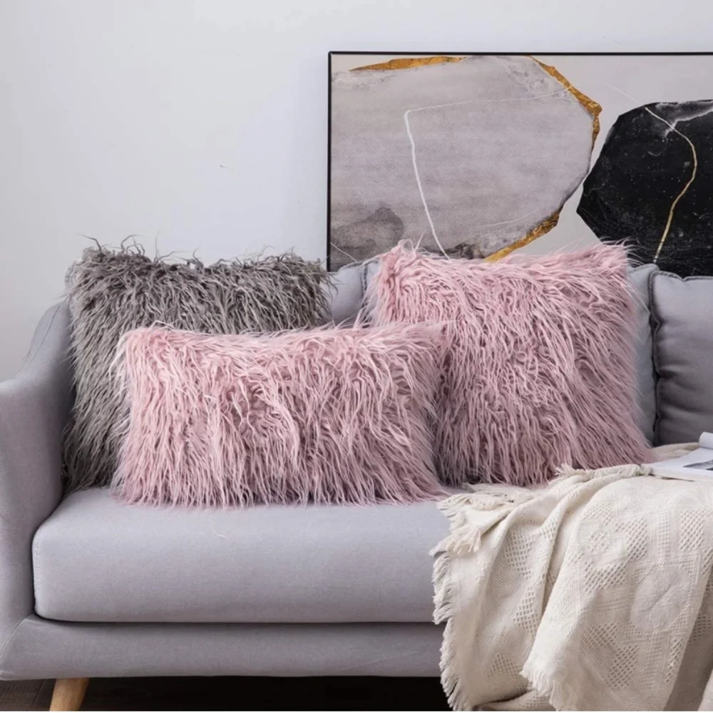 Luxury Home | Elegant Chic Blush Pink Mongolian Faux Fur Throw Pillow Cover